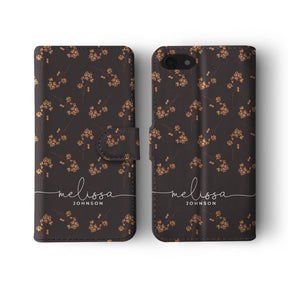 Personalised Wallet Flip Phone Case Custom Name Autumn Fallen Leaves on Brown
