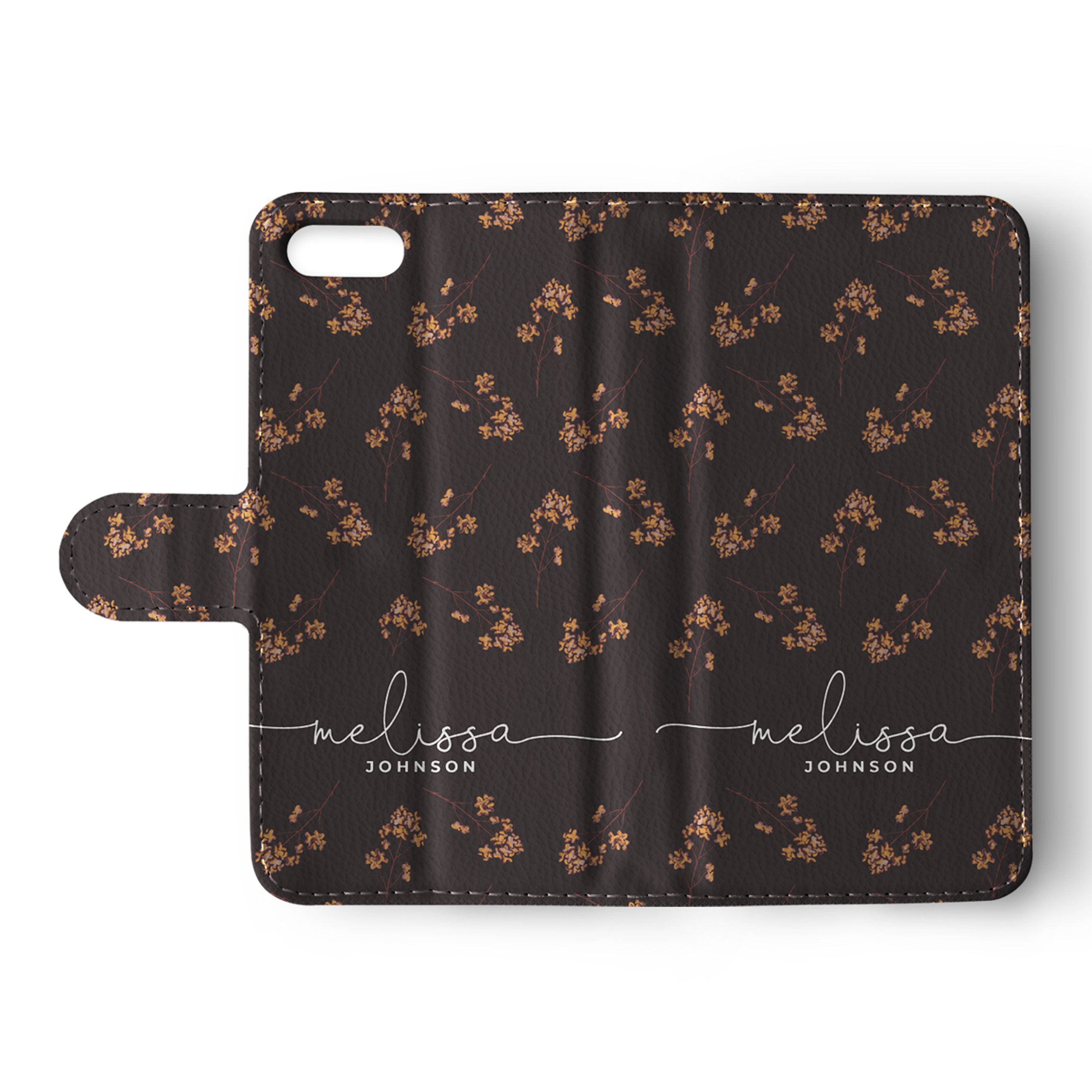 Personalised Wallet Flip Phone Case Custom Name Autumn Fallen Leaves on Brown