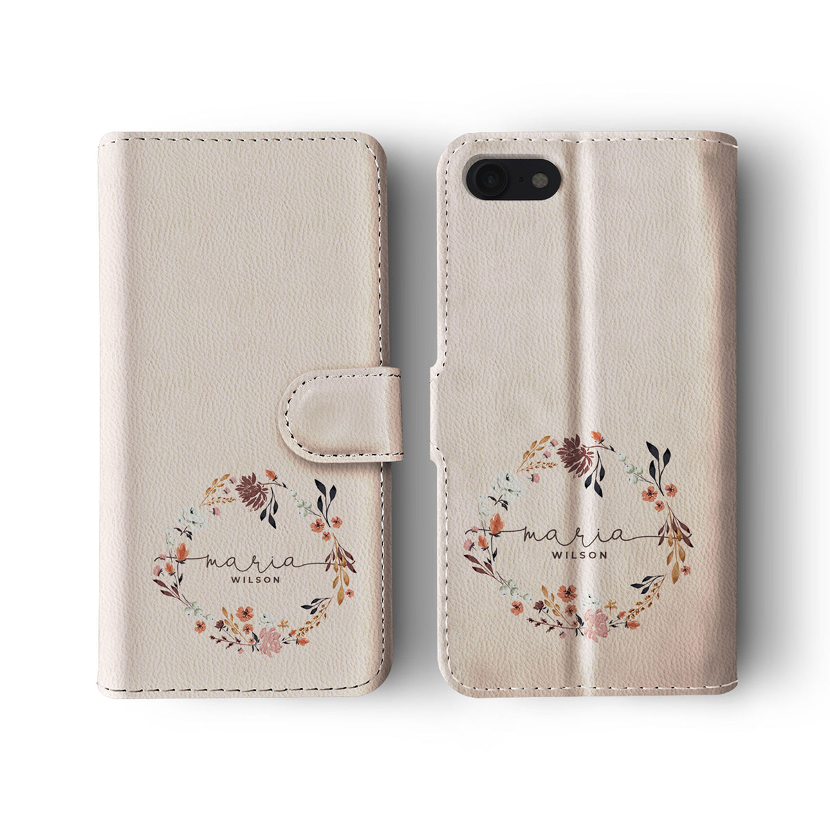 Personalised Wallet Flip Phone Case Custom Name Autumn Floral Pink Wreath