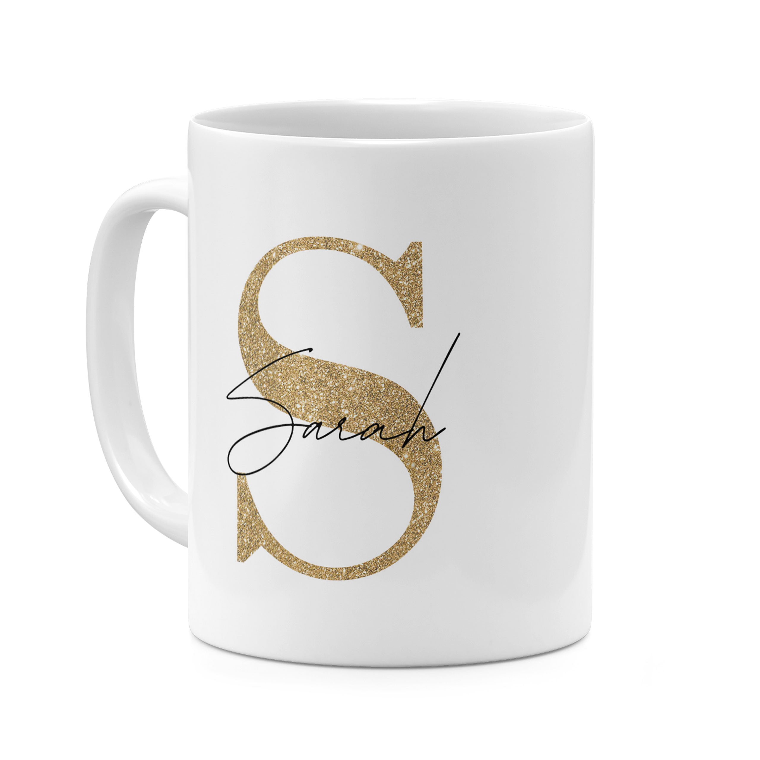 Personalised Ceramic Mug with Name Initials Text Golden Glitter Effect Monogram