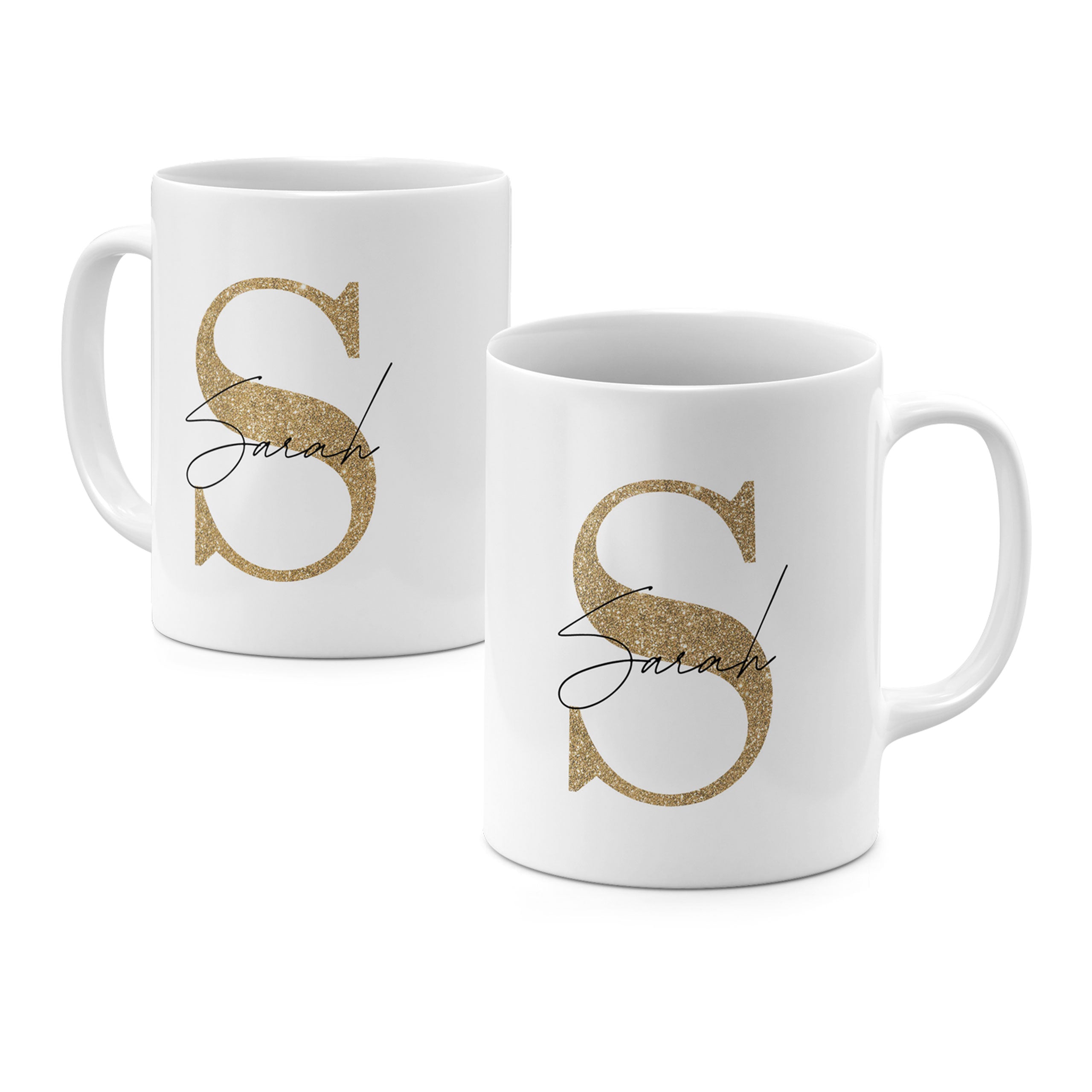 Personalised Ceramic Mug with Name Initials Text Golden Glitter Effect Monogram