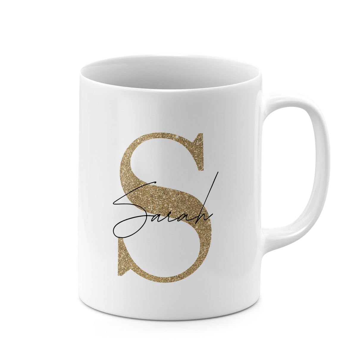 Personalised Ceramic Mug with Name Initials Text Golden Glitter Effect Monogram