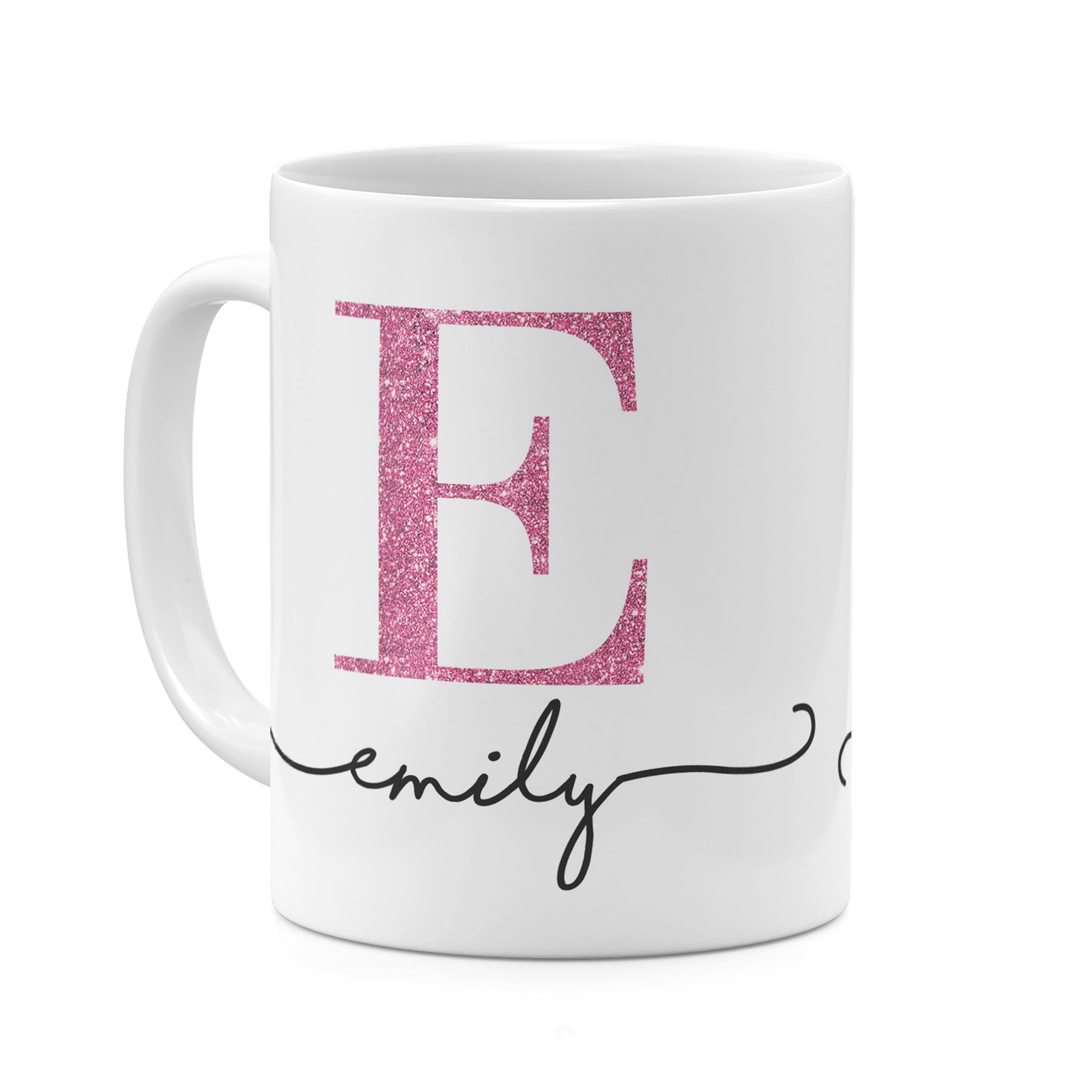 Personalised Ceramic Mug with Name Initials Text Pink Glitter Effect Monogram