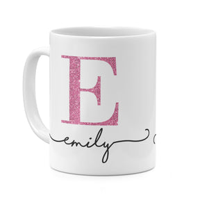 Personalised Ceramic Mug with Name Initials Text Pink Glitter Effect Monogram