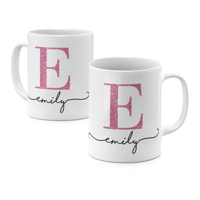 Personalised Ceramic Mug with Name Initials Text Pink Glitter Effect Monogram