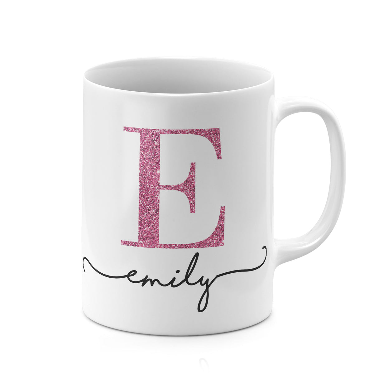 Personalised Ceramic Mug with Name Initials Text Pink Glitter Effect Monogram