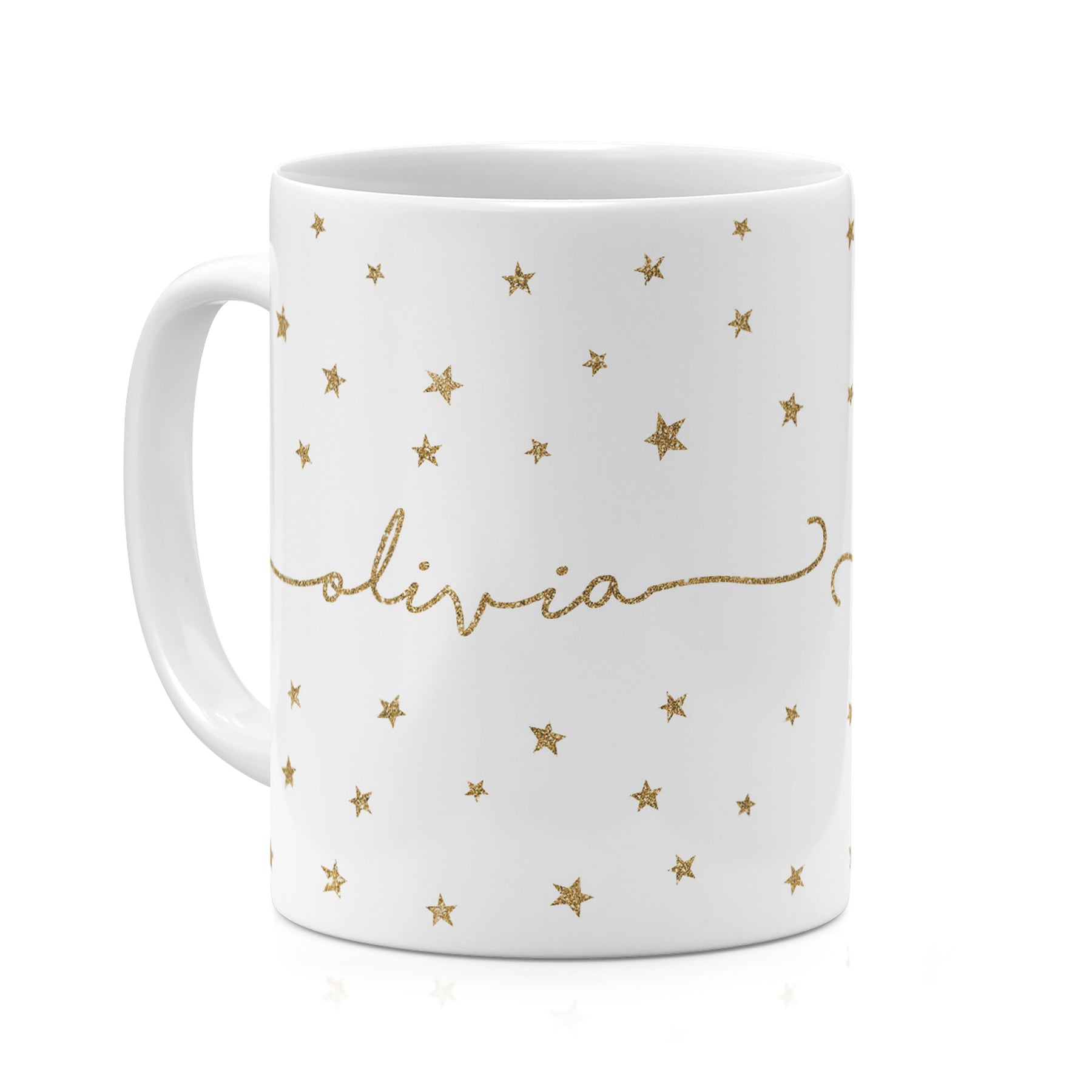 Personalised Ceramic Mug with Name Initials Text Golden Stars Glitter Effect