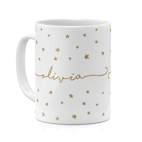 Personalised Ceramic Mug with Name Initials Text Golden Stars Glitter Effect