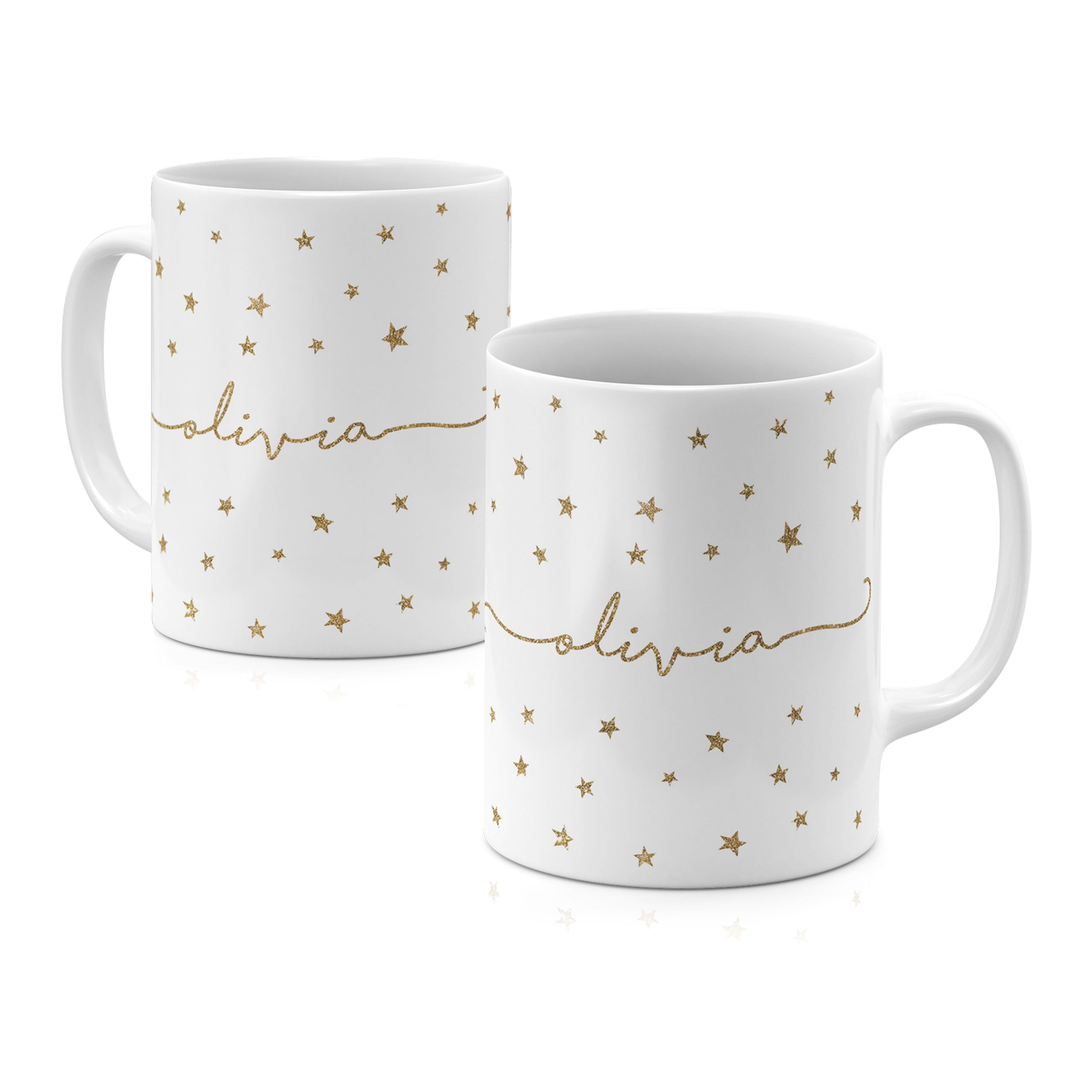 Personalised Ceramic Mug with Name Initials Text Golden Stars Glitter Effect