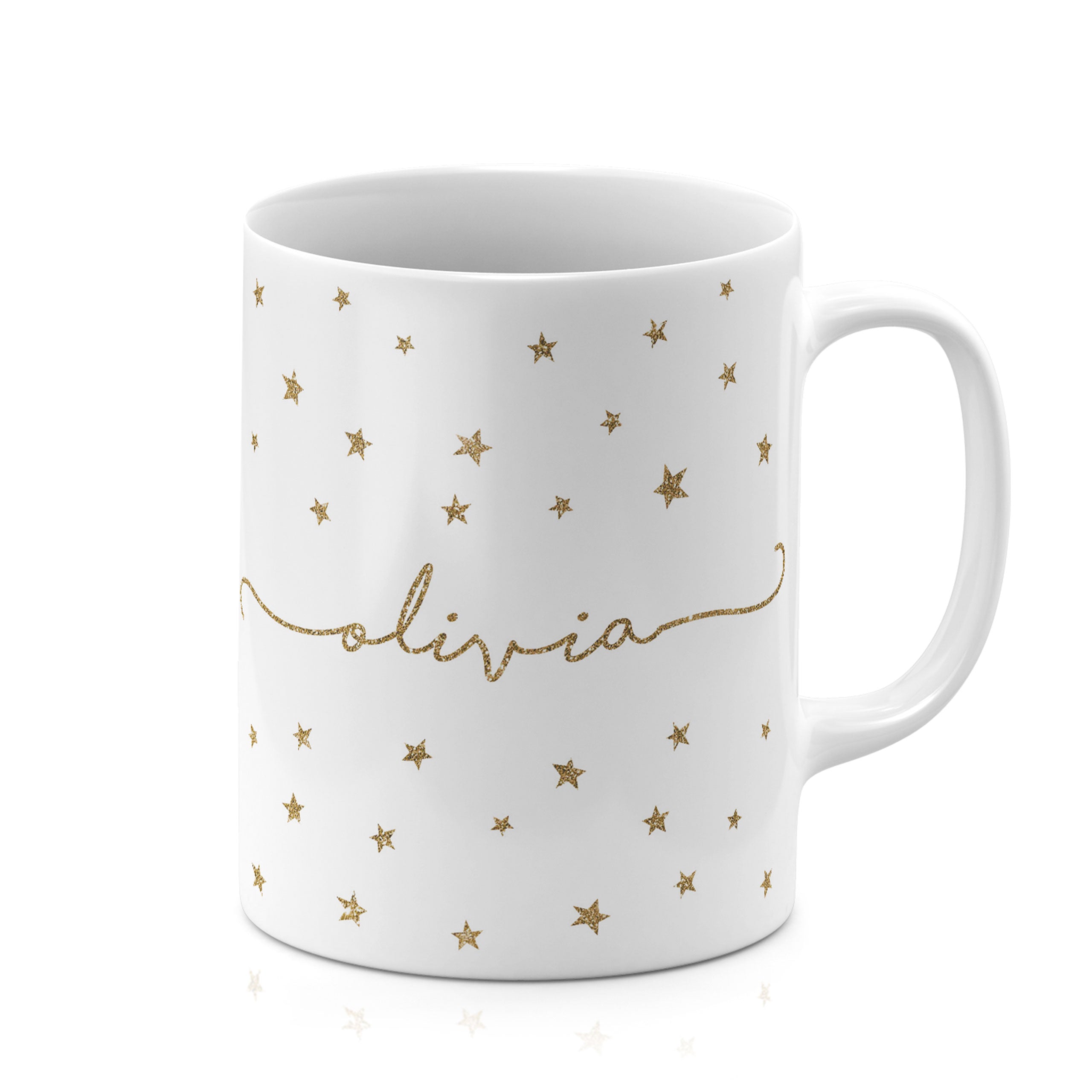 Personalised Ceramic Mug with Name Initials Text Golden Stars Glitter Effect