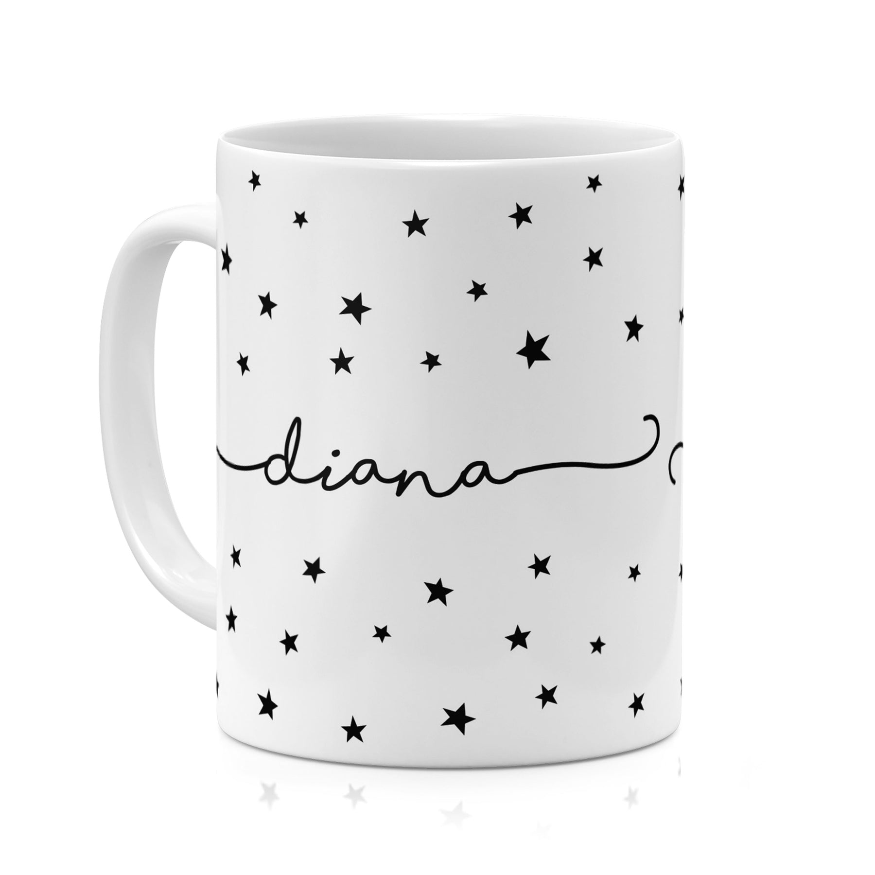 Personalised Ceramic Mug with Name Initials Text Black Stars Handwritten