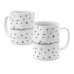 Personalised Ceramic Mug with Name Initials Text Black Stars Handwritten