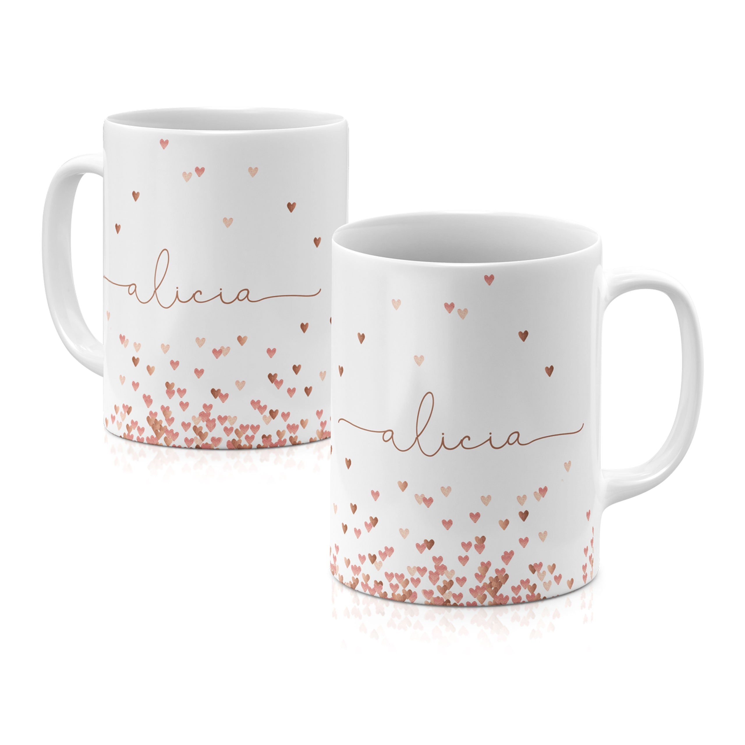 Personalised Ceramic Mug with Name Initials Text Hearts Falling Love Rain