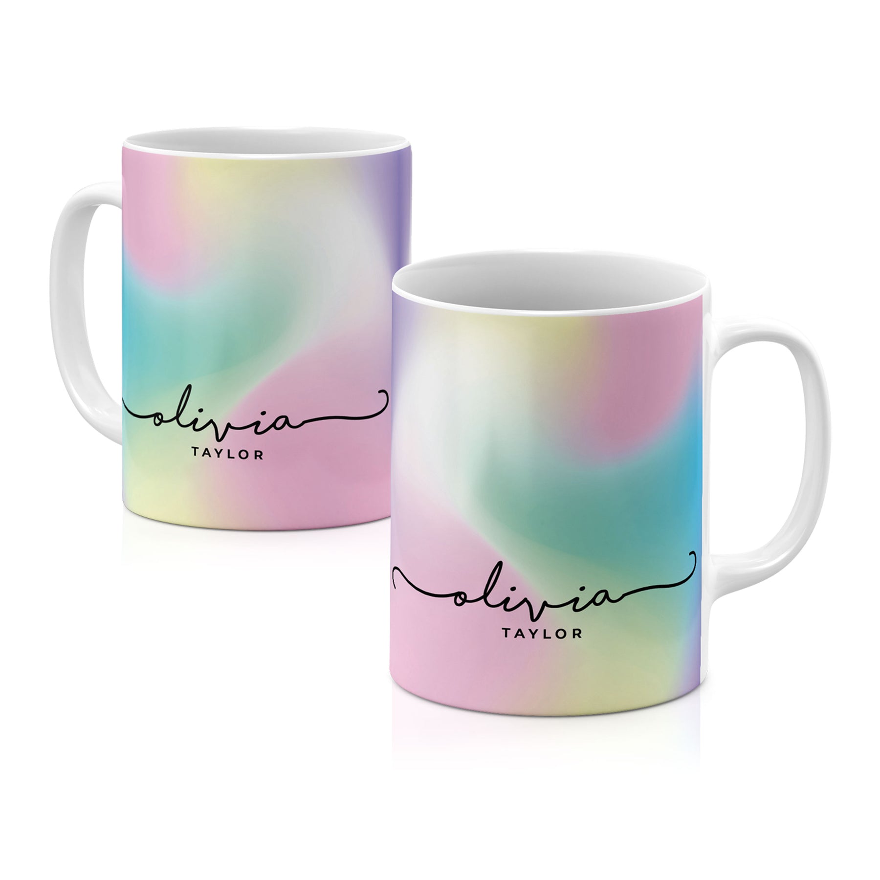 Personalised Ceramic Mug with Name Initials Text Pastel Rainbow Handwritten