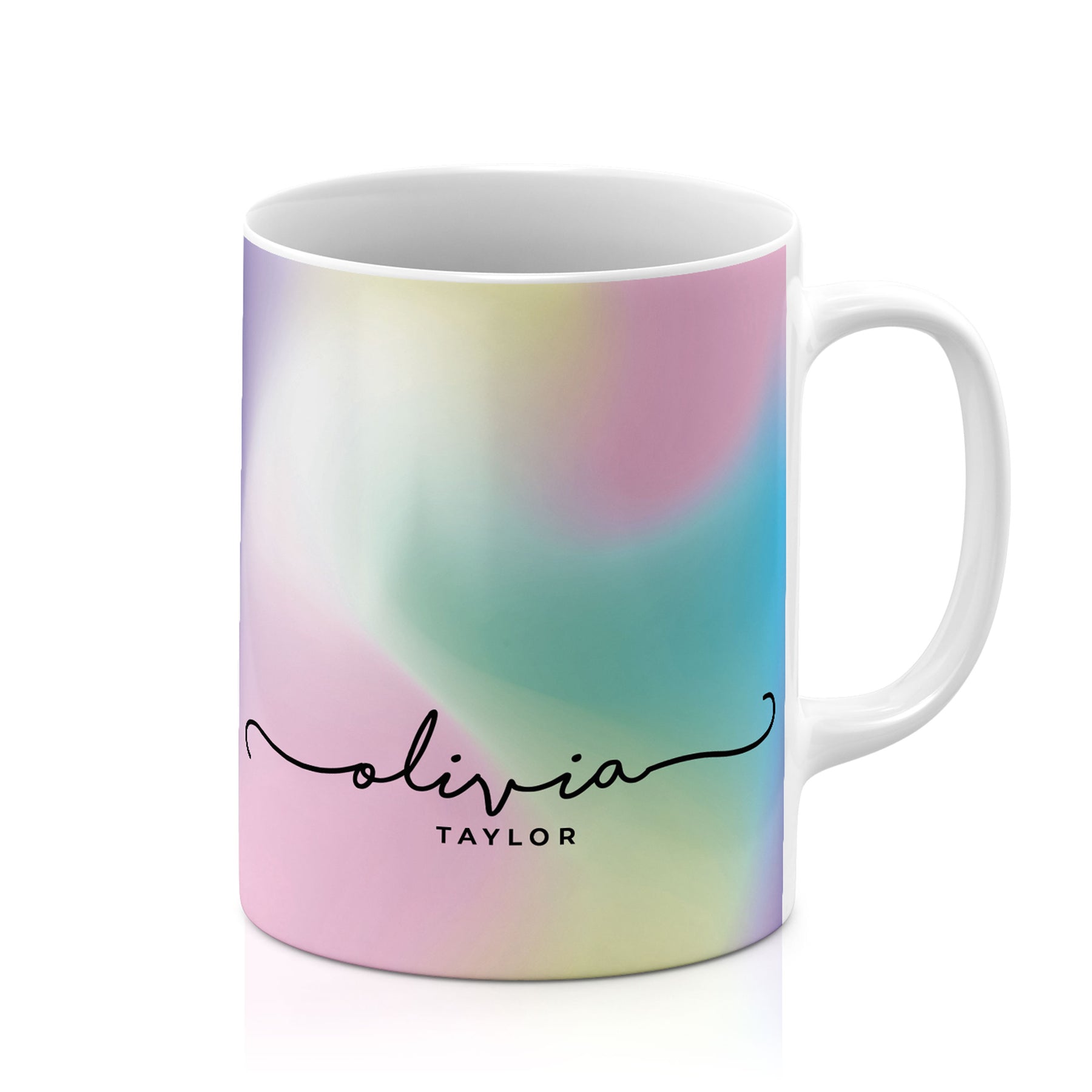 Personalised Ceramic Mug with Name Initials Text Pastel Rainbow Handwritten