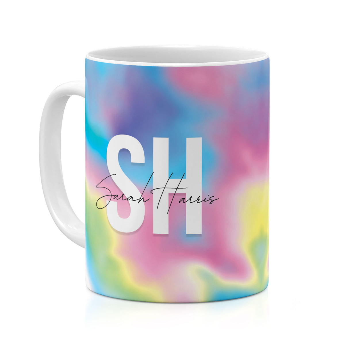 Personalised Ceramic Mug with Name Initials Text Iridescent Rainbow Swirl Monogrammed