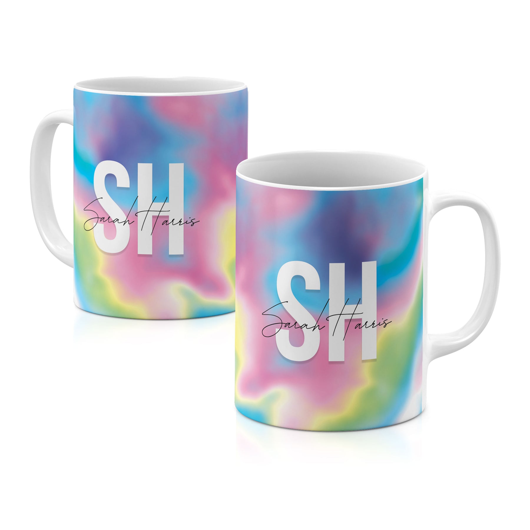 Personalised Ceramic Mug with Name Initials Text Iridescent Rainbow Swirl Monogrammed