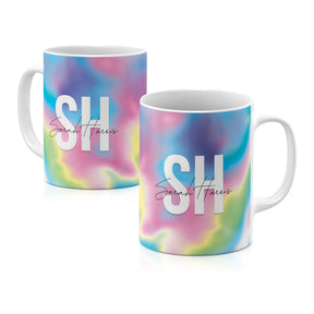 Personalised Ceramic Mug with Name Initials Text Iridescent Rainbow Swirl Monogrammed