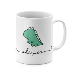 Personalised Ceramic Mug with Name Initials Text Chubby Dinosaur Kawaii