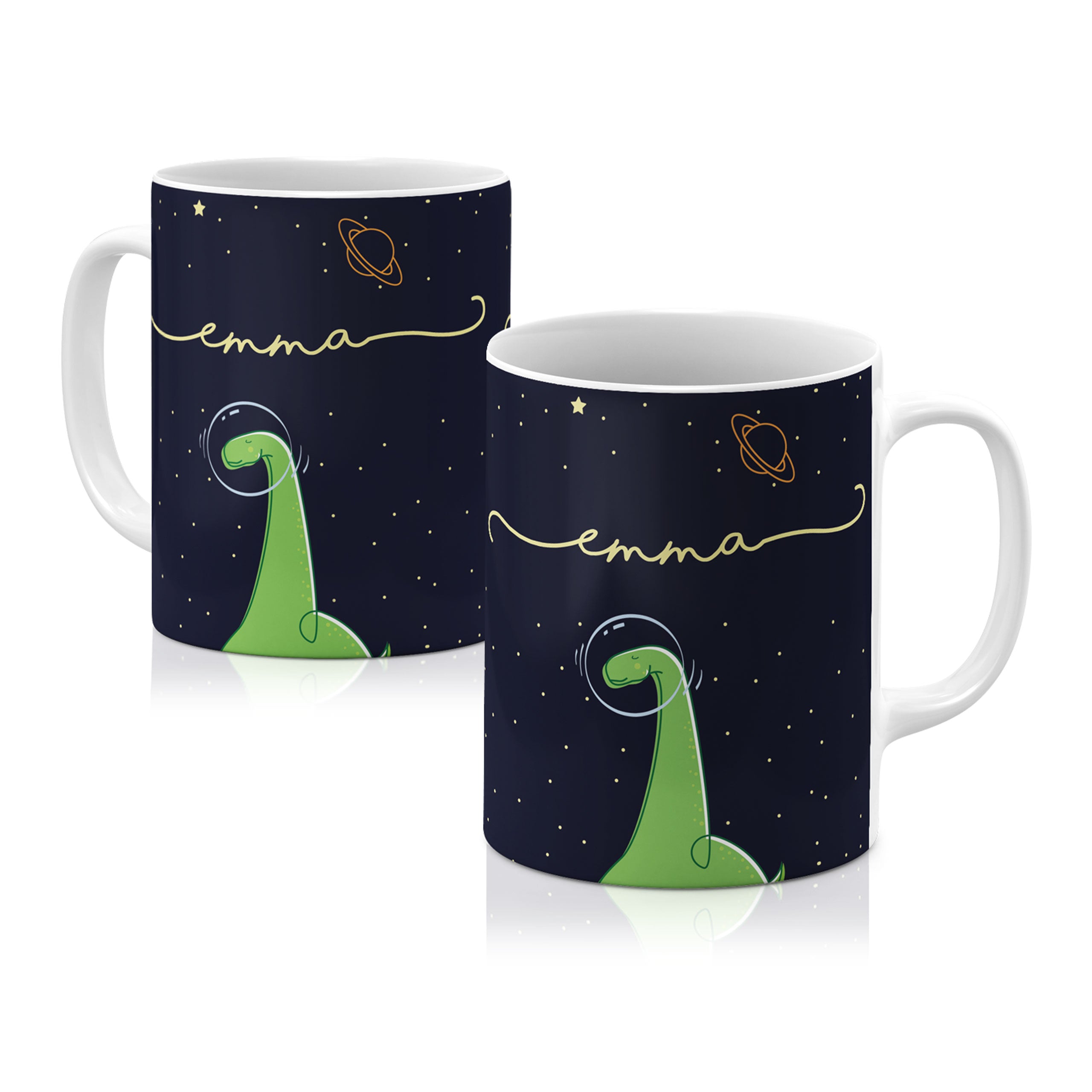 Personalised Ceramic Mug with Name Initials Text Space Dinnosaur Bubble