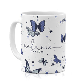 Personalised Ceramic Mug with Name Initials Text Butterflies Blue