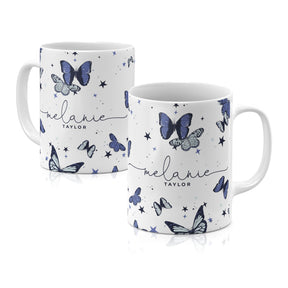 Personalised Ceramic Mug with Name Initials Text Butterflies Blue