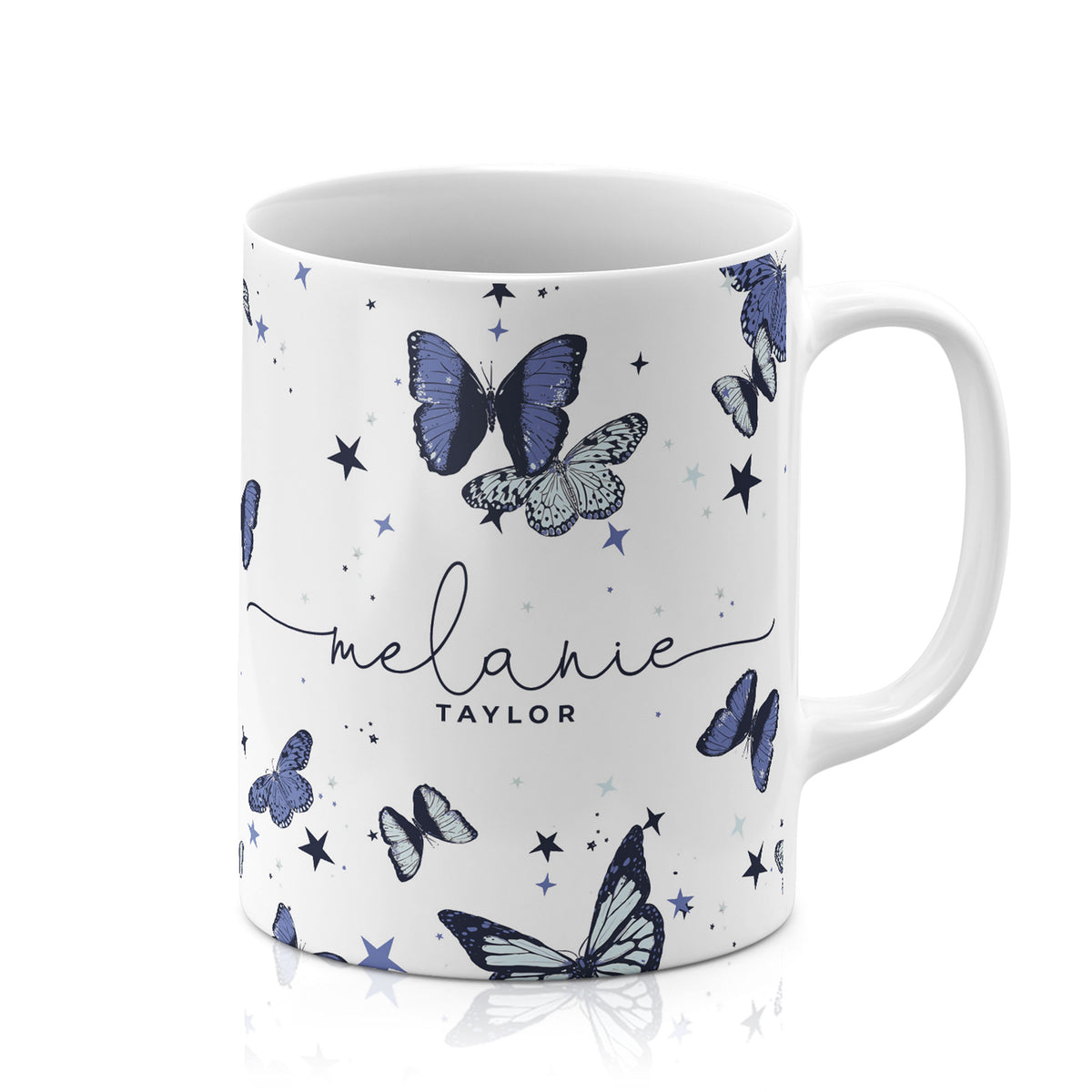 Personalised Ceramic Mug with Name Initials Text Butterflies Blue