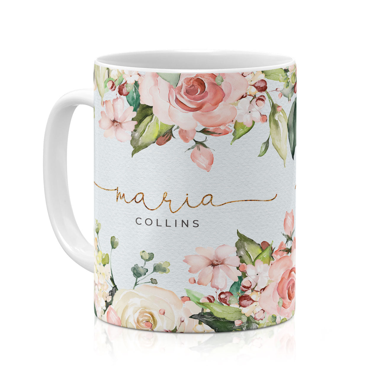 Personalised Ceramic Mug with Name Initials Text Floral Wild Roses Watercolour Golden