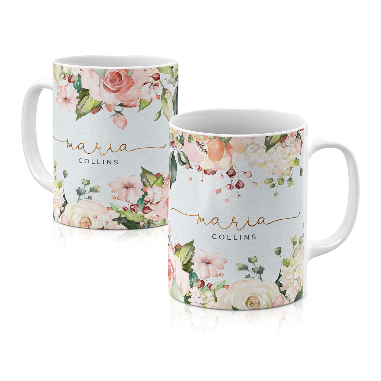 Personalised Ceramic Mug with Name Initials Text Floral Wild Roses Watercolour Golden