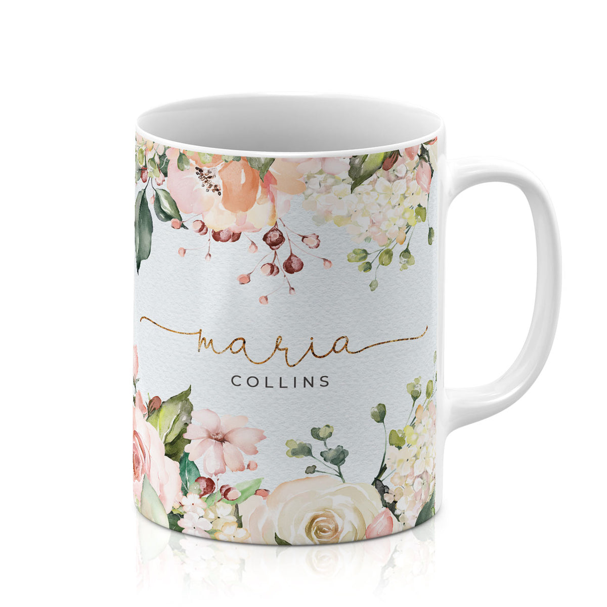Personalised Ceramic Mug with Name Initials Text Floral Wild Roses Watercolour Golden
