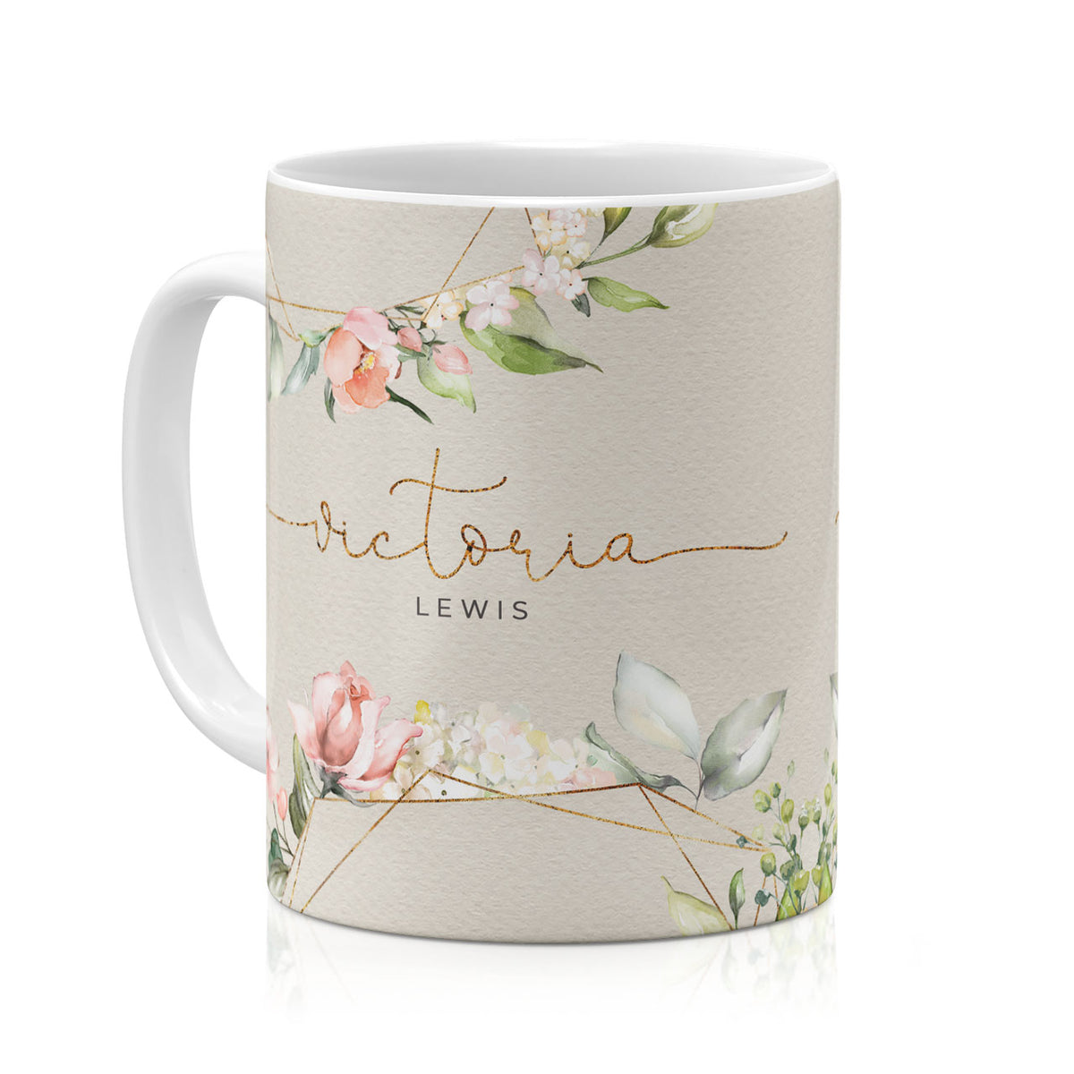 Personalised Ceramic Mug with Name Initials Text Floral Pink Flowers Rose Buds Watercolour