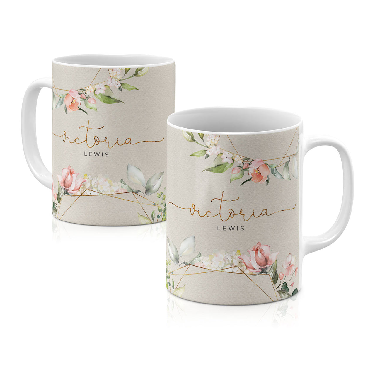 Personalised Ceramic Mug with Name Initials Text Floral Pink Flowers Rose Buds Watercolour