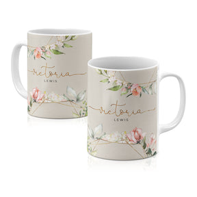 Personalised Ceramic Mug with Name Initials Text Floral Pink Flowers Rose Buds Watercolour