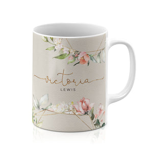 Personalised Ceramic Mug with Name Initials Text Floral Pink Flowers Rose Buds Watercolour