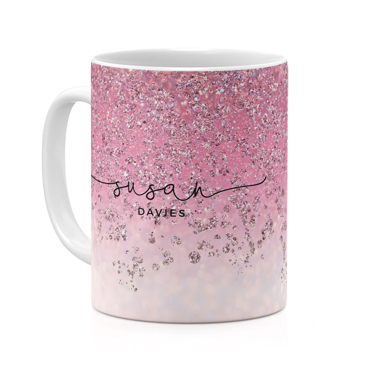 Personalised Ceramic Mug with Name Initials Text Pink Ombre Marble Silver Handwritten