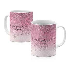 Personalised Ceramic Mug with Name Initials Text Pink Ombre Marble Silver Handwritten