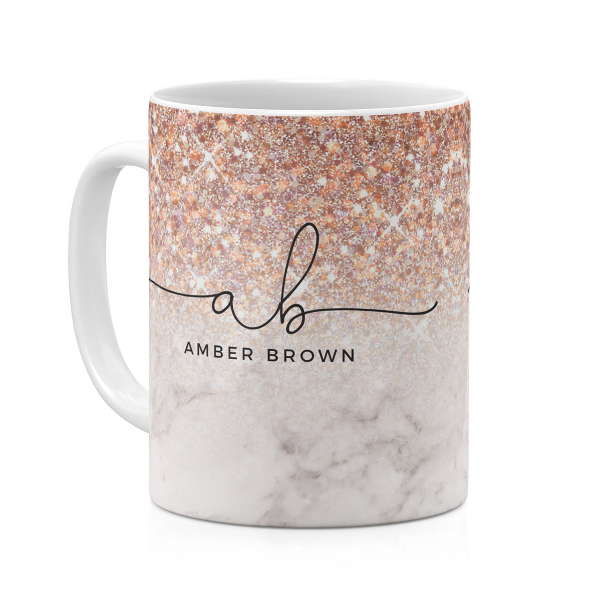 Personalised Ceramic Mug with Name Initials Text Ombre Marble Rose Gold