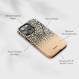 Tough Case MagSafe Golden Leopard, raised camera edges, glossy finish and port access
