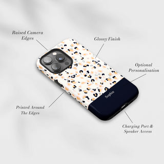 Tough Case MagSafe Peach Leopard, raised camera edges, glossy finish and port access