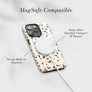 Tough Case MagSafe Peach Leopard, snaps onto MagSafe chargers and mounts