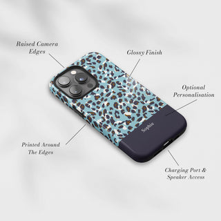 Tough Case MagSafe Blue Leopard, raised camera edges, glossy finish and port access