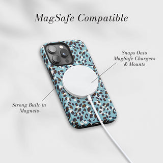 Tough Case MagSafe Blue Leopard, snaps onto MagSafe chargers and mounts