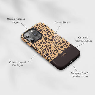 Tough Case MagSafe Leopard Print, raised camera edges, glossy finish and port access