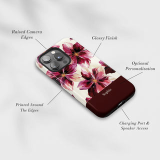 Tough Case MagSafe Mulberry Bloom, raised camera edges, glossy finish and port access