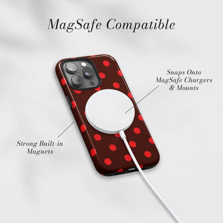 Tough Case MagSafe Scarlet Polka Dots, snaps onto MagSafe chargers and mounts