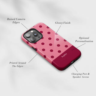 Tough Case MagSafe Cherry Polka Dots, raised camera edges, glossy finish and port access