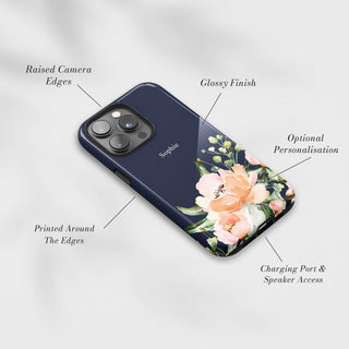 Tough Case MagSafe Peony Dusk, raised camera edges, glossy finish and port access