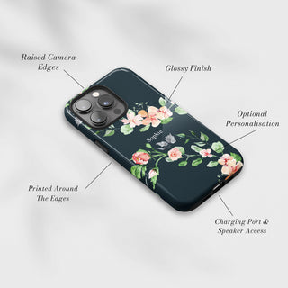 Tough Case MagSafe Blush Botanical, raised camera edges, glossy finish and port access