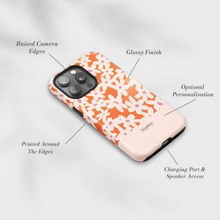 Tough Case MagSafe Tangerine Daisy, raised camera edges, glossy finish and port access