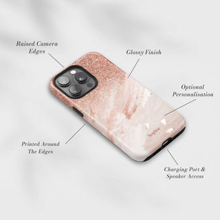 Tough Case MagSafe Rose Gold Marble, raised camera edges, glossy finish and port access